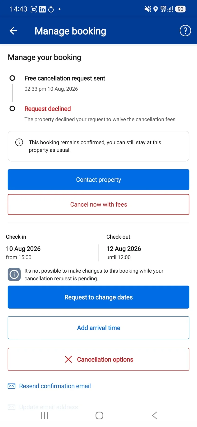 Booking app screen showing a free cancellation request was declined
