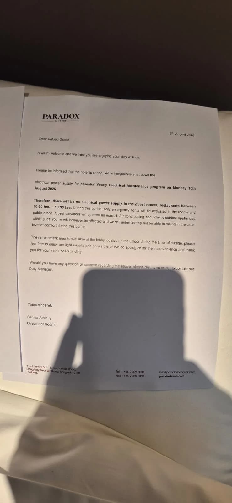 Hotel notice describing scheduled electrical maintenance on 10 August 2026
